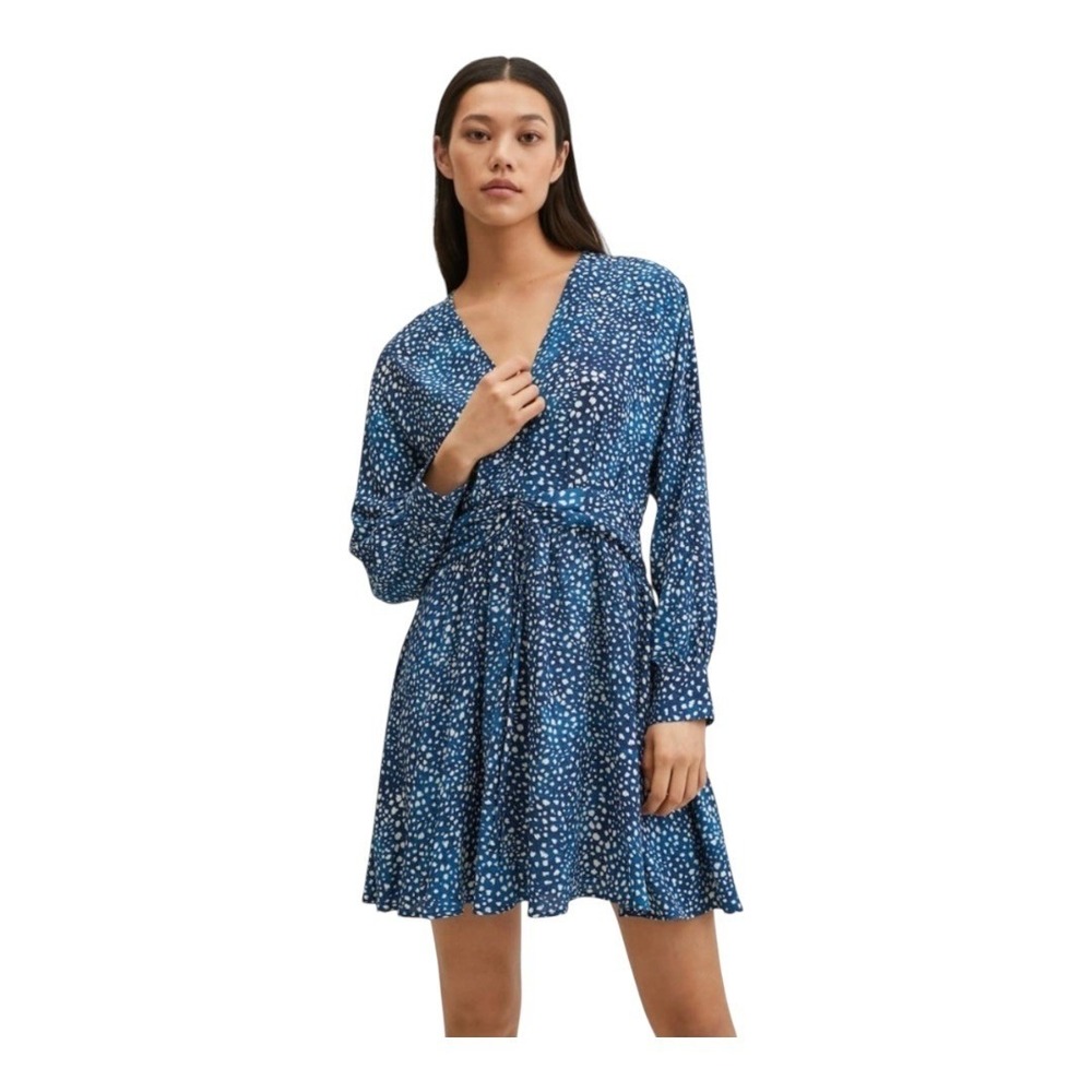 MNG Mango Blue Mini Skater Dress Size 6 White Dotted Long Sleeve V‎ Neck  Party